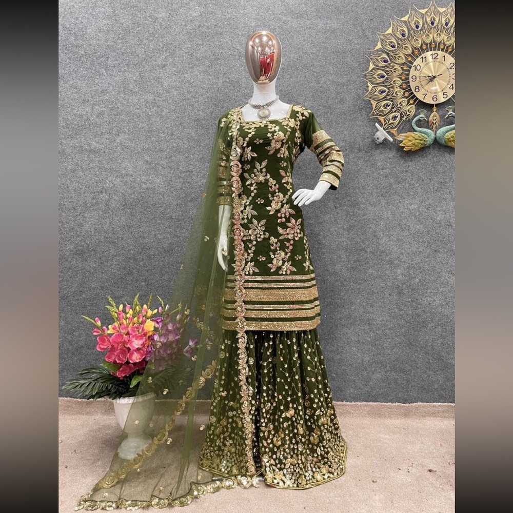 Green sharara pattern Salwar kameez for women indian partywear designer